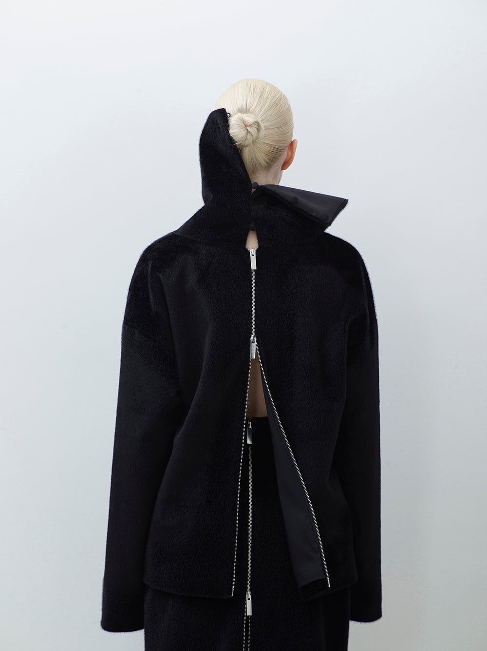 Back-Zip Detailed Fur High-Collar Top