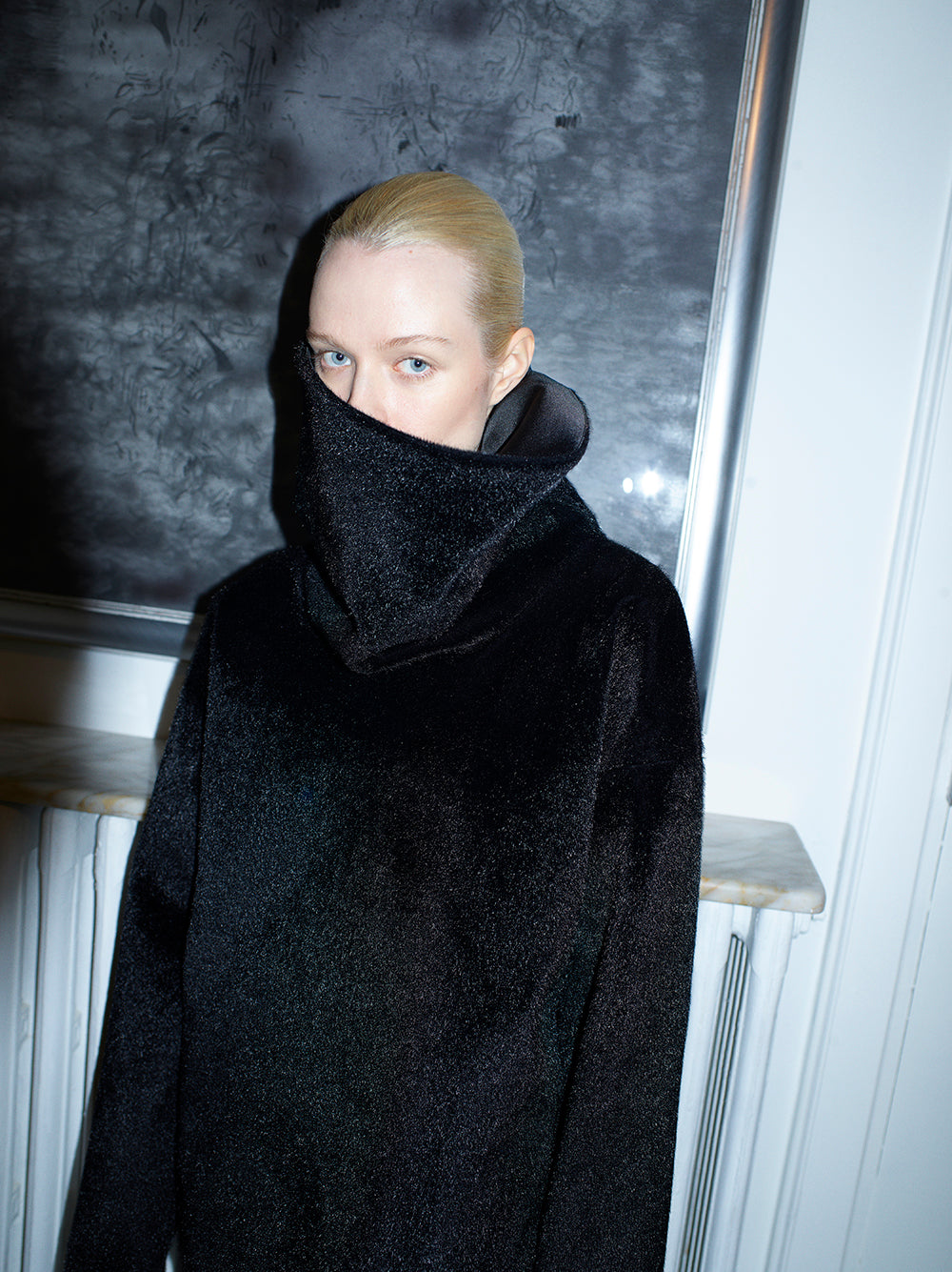 Back-Zip Detailed Fur High-Collar Top