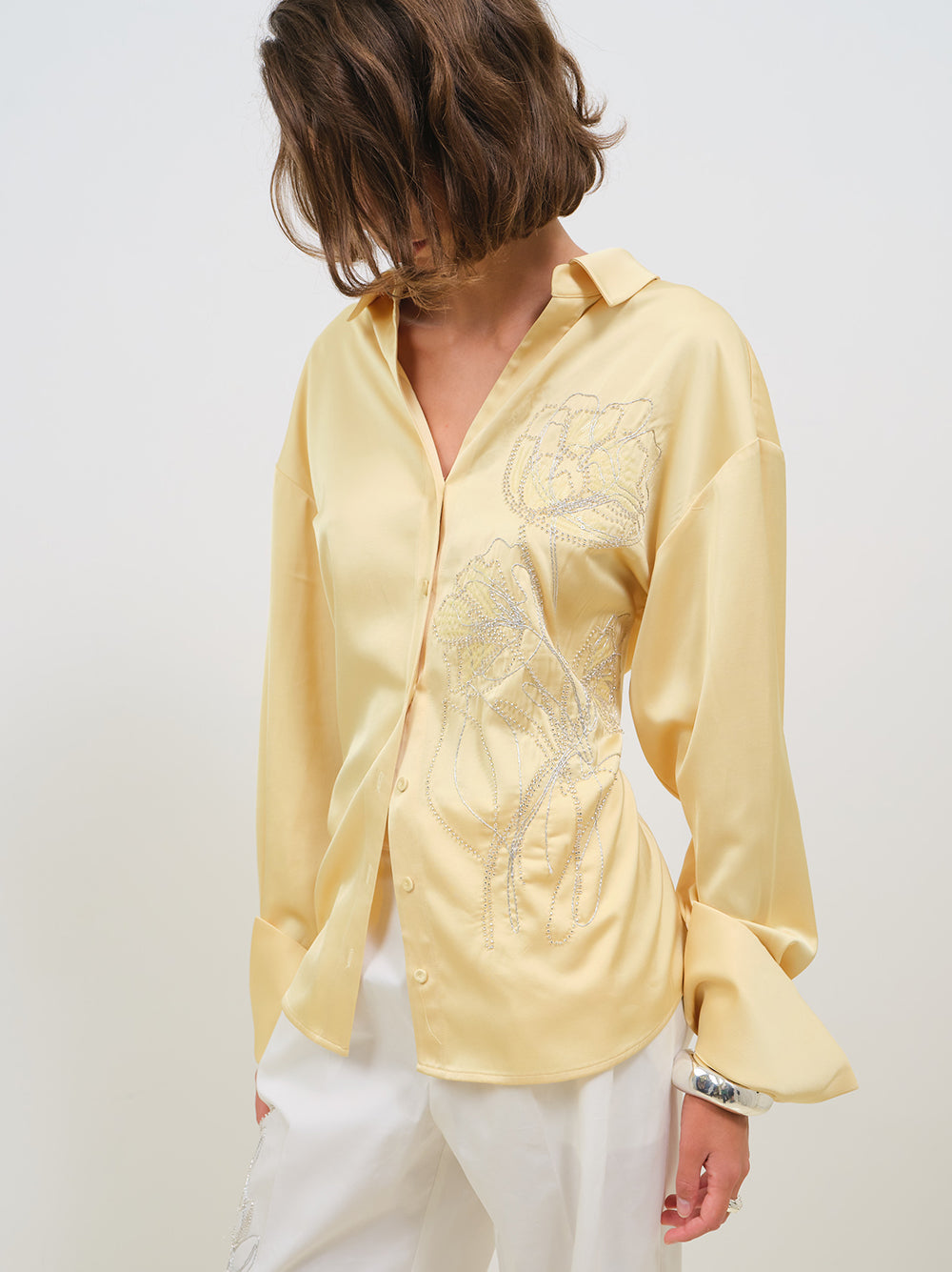 SILKY SATIN SHIRT WITH EMROIDERY