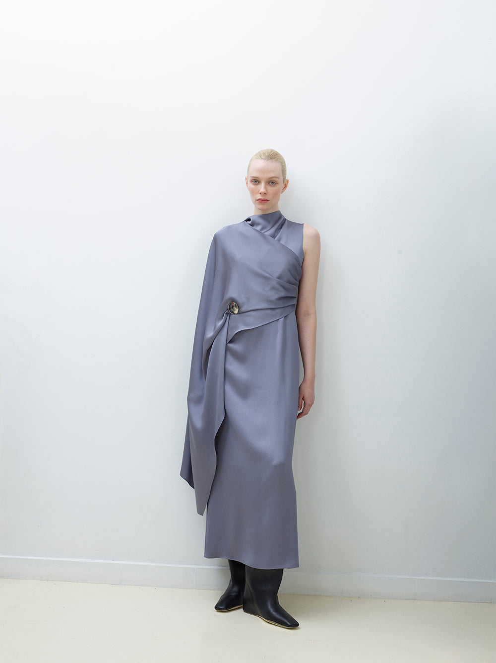 One-Sleeve Cape Dress With Silver Brooch