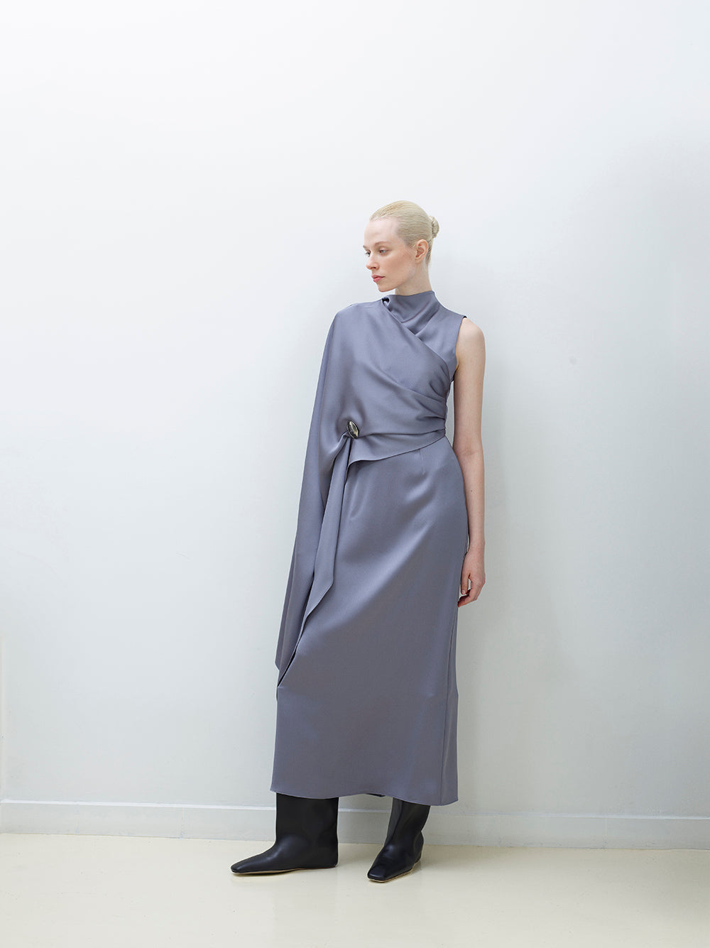 One-Sleeve Cape Dress With Silver Brooch
