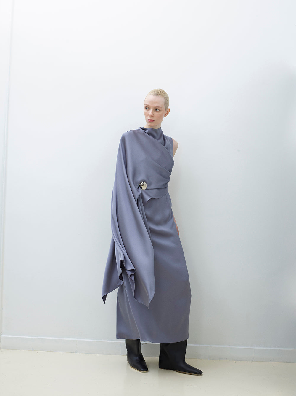 One-Sleeve Cape Dress With Silver Brooch