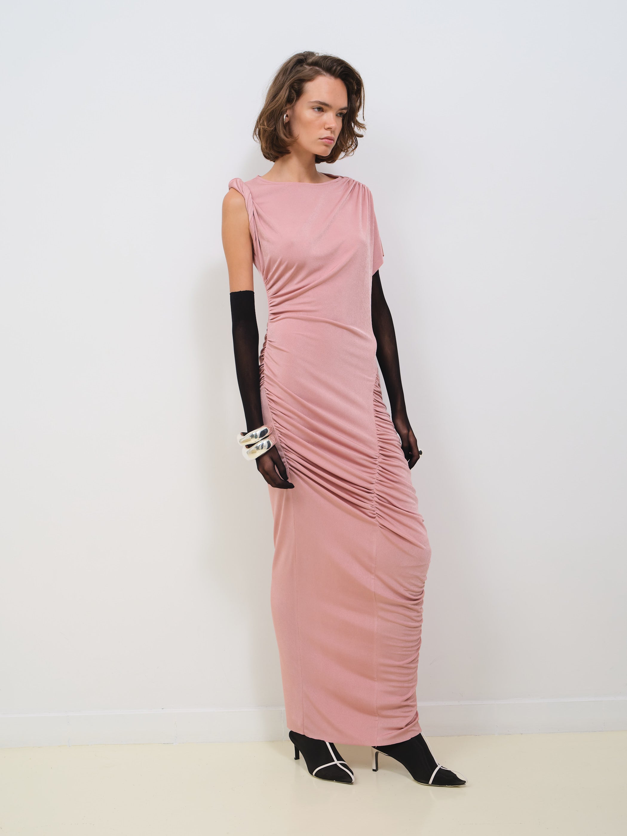 SILKY JERSEY DRAPED DRESS