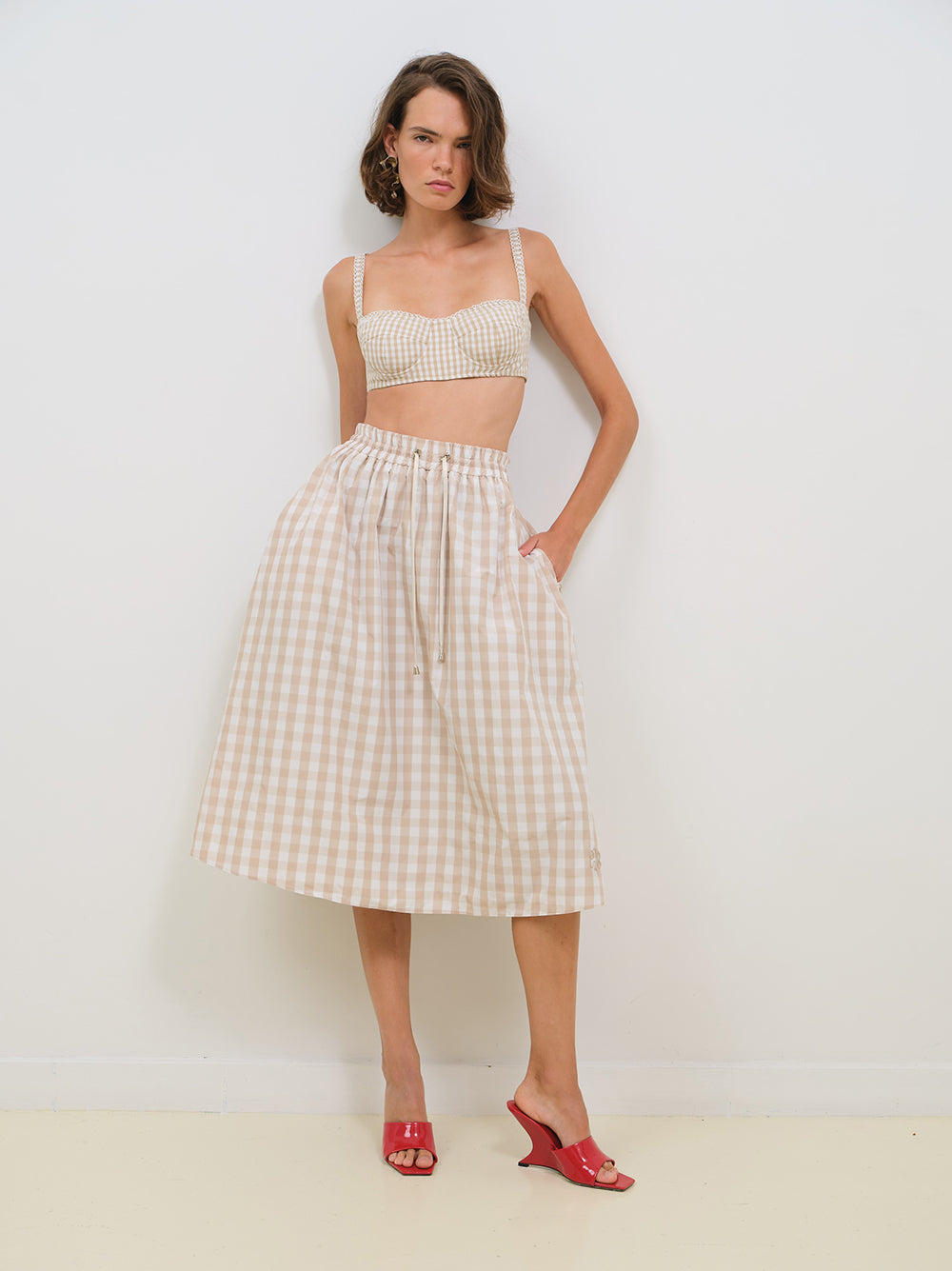 GINGHAM POPLIN BRALETTE WITH LACE TRIM