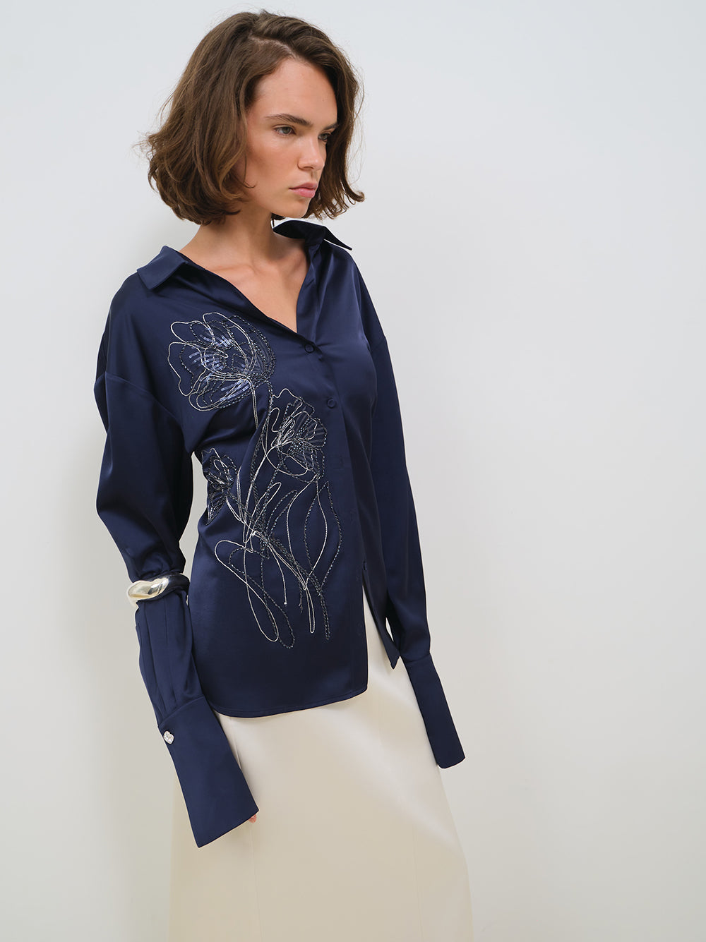 SILKY SATIN SHIRT WITH EMBROIDERY