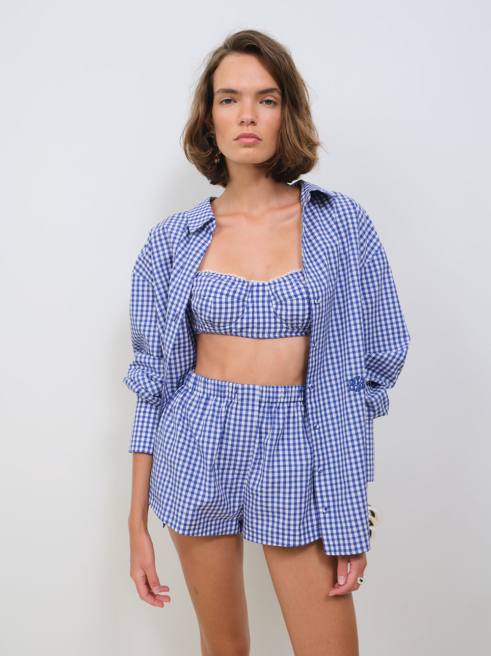 POPLIN GINGHAM BOXER SHORTS WITH LACE TRIM