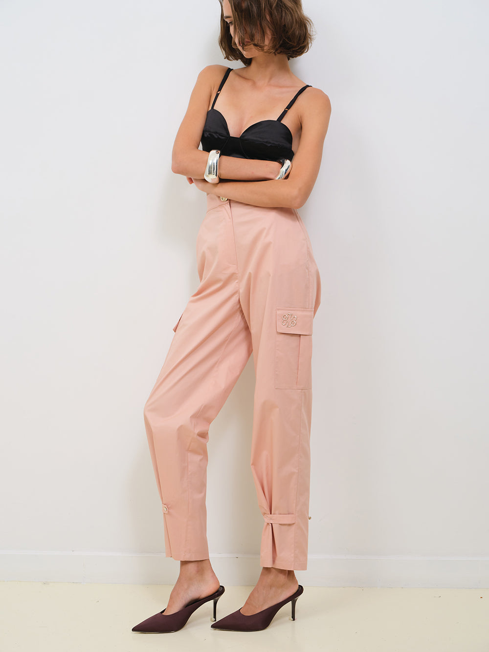 POPLIN HIGH WAISTLAND PANTS WITH BUTTON DETAILING
