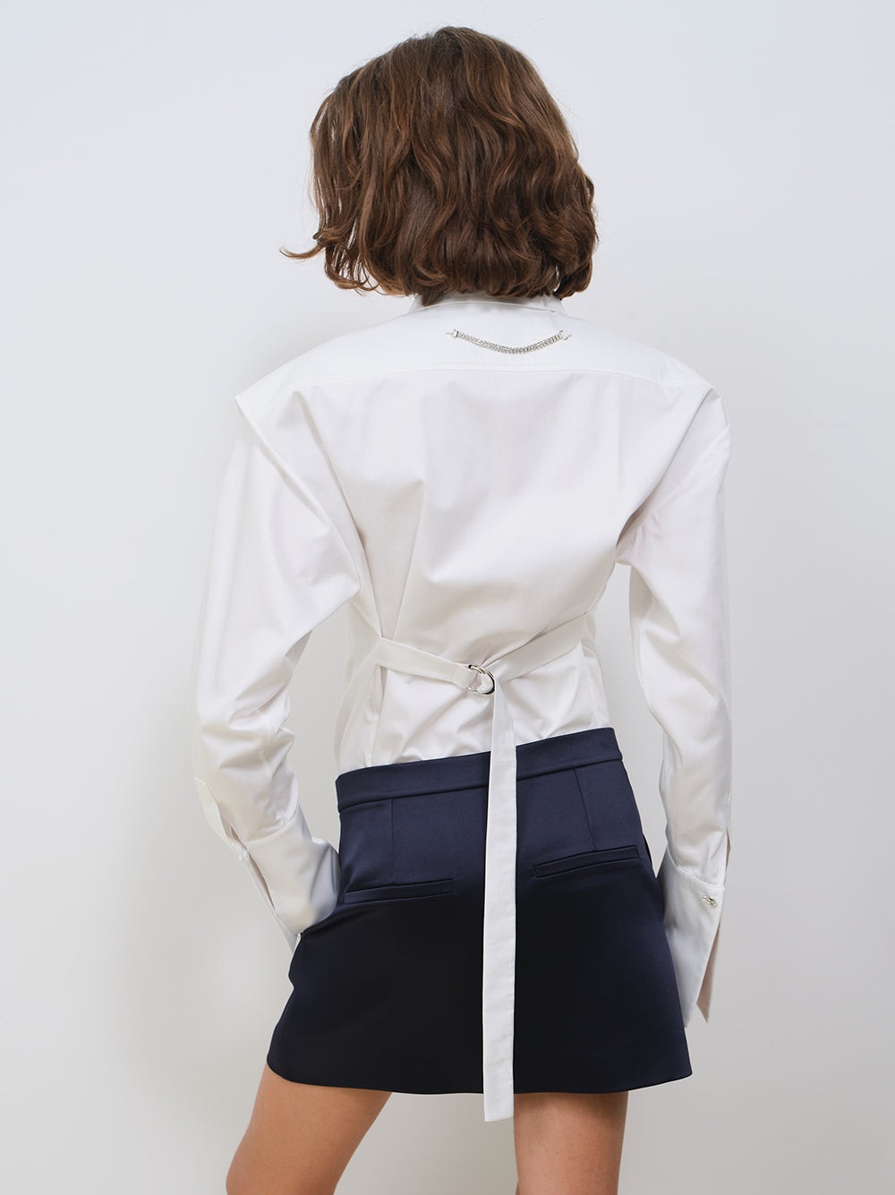 SATIN SHIRT WITH SHOULDER PADS AND BELT WITH BUCKLE