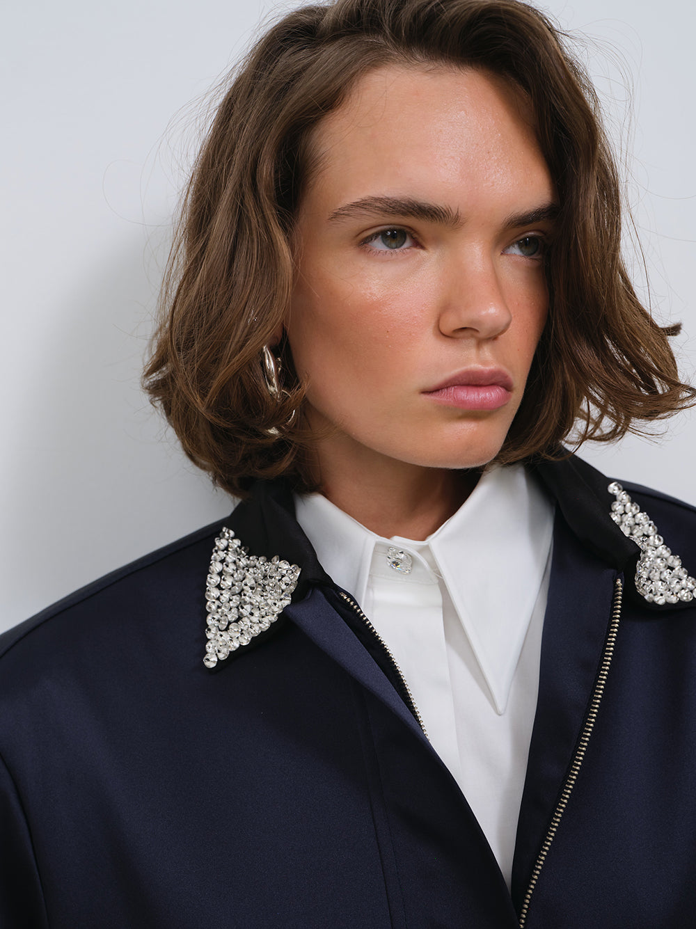 SATIN JACKET WITH EMBELLISHED COLLAR