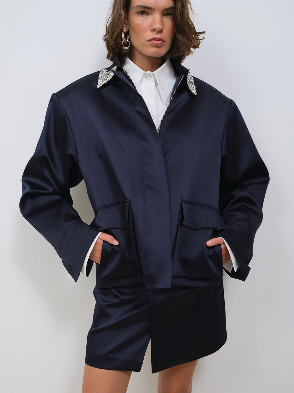SATIN JACKET WITH EMBELLISHED COLLAR